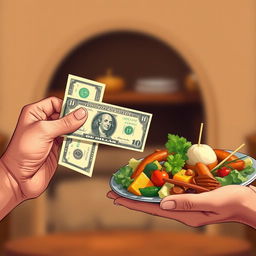 A metaphorical illustration of two hands in a close-up, one hand is presenting a crisp dollar bill and the other hand is offering a plate of delicious, colorful food