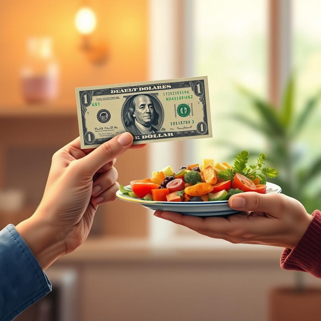A metaphorical illustration of two hands in a close-up, one hand is presenting a crisp dollar bill and the other hand is offering a plate of delicious, colorful food