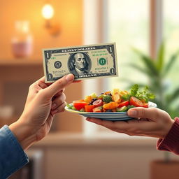A metaphorical illustration of two hands in a close-up, one hand is presenting a crisp dollar bill and the other hand is offering a plate of delicious, colorful food