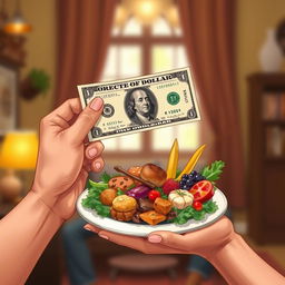 A metaphorical illustration of two hands in a close-up, one hand is presenting a crisp dollar bill and the other hand is offering a plate of delicious, colorful food