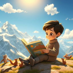 A whimsical animated scene depicting a young boy sitting at the peak of a mountain, deeply engrossed in reading a large, colorful book