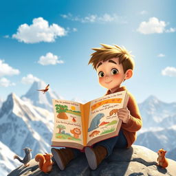 A whimsical animated scene depicting a young boy sitting at the peak of a mountain, deeply engrossed in reading a large, colorful book