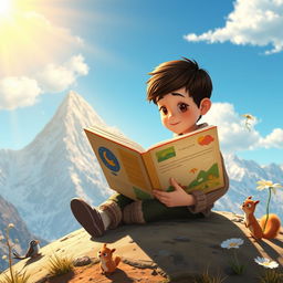 A whimsical animated scene depicting a young boy sitting at the peak of a mountain, deeply engrossed in reading a large, colorful book
