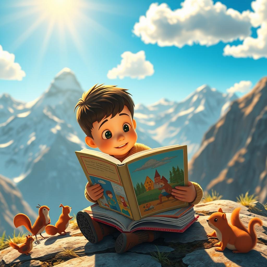 A whimsical animated scene depicting a young boy sitting at the peak of a mountain, deeply engrossed in reading a large, colorful book