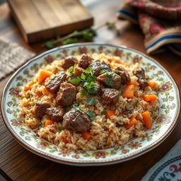 A beautifully arranged plate of plov, a traditional Central Asian rice dish, featuring saffron-infused long-grain rice mixed with succulent chunks of tender lamb, rich carrots, and aromatic spices
