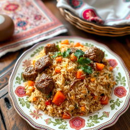 A beautifully arranged plate of plov, a traditional Central Asian rice dish, featuring saffron-infused long-grain rice mixed with succulent chunks of tender lamb, rich carrots, and aromatic spices