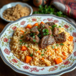 A beautifully arranged plate of plov, a traditional Central Asian rice dish, featuring saffron-infused long-grain rice mixed with succulent chunks of tender lamb, rich carrots, and aromatic spices