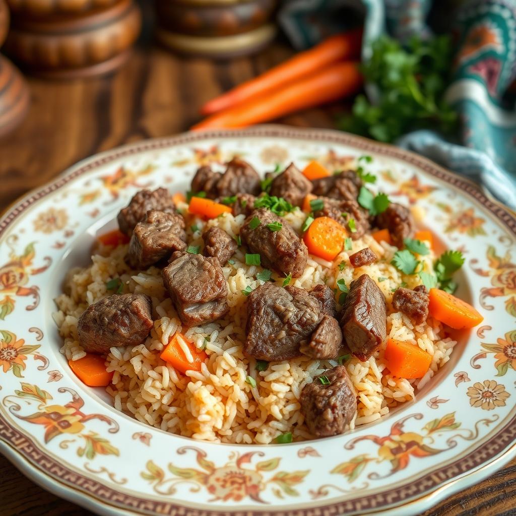 A beautifully arranged plate of plov, a traditional Central Asian rice dish, featuring saffron-infused long-grain rice mixed with succulent chunks of tender lamb, rich carrots, and aromatic spices