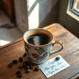 A beautifully crafted ceramic coffee cup filled with rich, steaming espresso, resting on a rustic wooden table