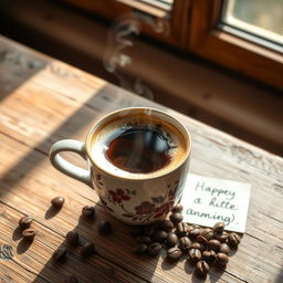 A beautifully crafted ceramic coffee cup filled with rich, steaming espresso, resting on a rustic wooden table