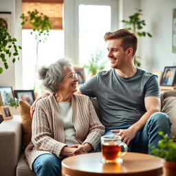 A warm and loving scene depicting an elderly mother and her adult son sitting together in a cozy living room