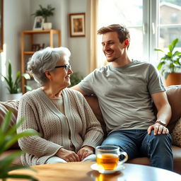 A warm and loving scene depicting an elderly mother and her adult son sitting together in a cozy living room