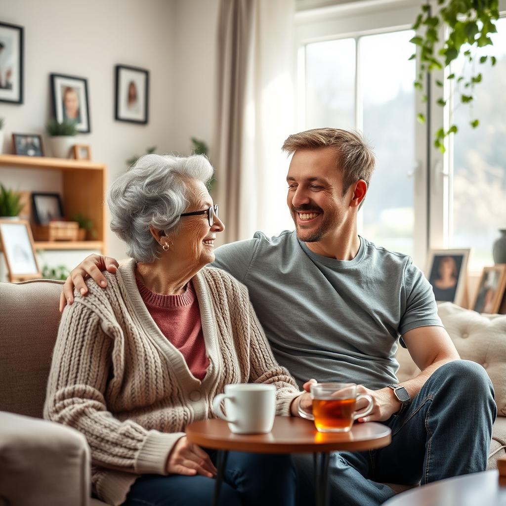 A warm and loving scene depicting an elderly mother and her adult son sitting together in a cozy living room