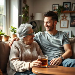 A warm and loving scene depicting an elderly mother and her adult son sitting together in a cozy living room