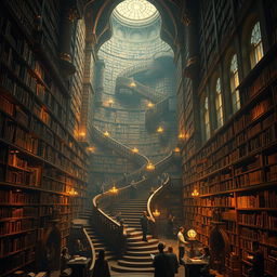 A vast and surreal depiction of a library resembling the Library of Babel, featuring an endless expanse of towering bookshelves filled with countless books, intricate stairways spiraling into infinity, and beautiful, ornate architecture