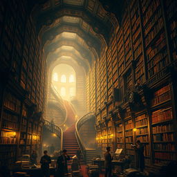 A vast and surreal depiction of a library resembling the Library of Babel, featuring an endless expanse of towering bookshelves filled with countless books, intricate stairways spiraling into infinity, and beautiful, ornate architecture
