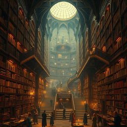 A vast and surreal depiction of a library resembling the Library of Babel, featuring an endless expanse of towering bookshelves filled with countless books, intricate stairways spiraling into infinity, and beautiful, ornate architecture