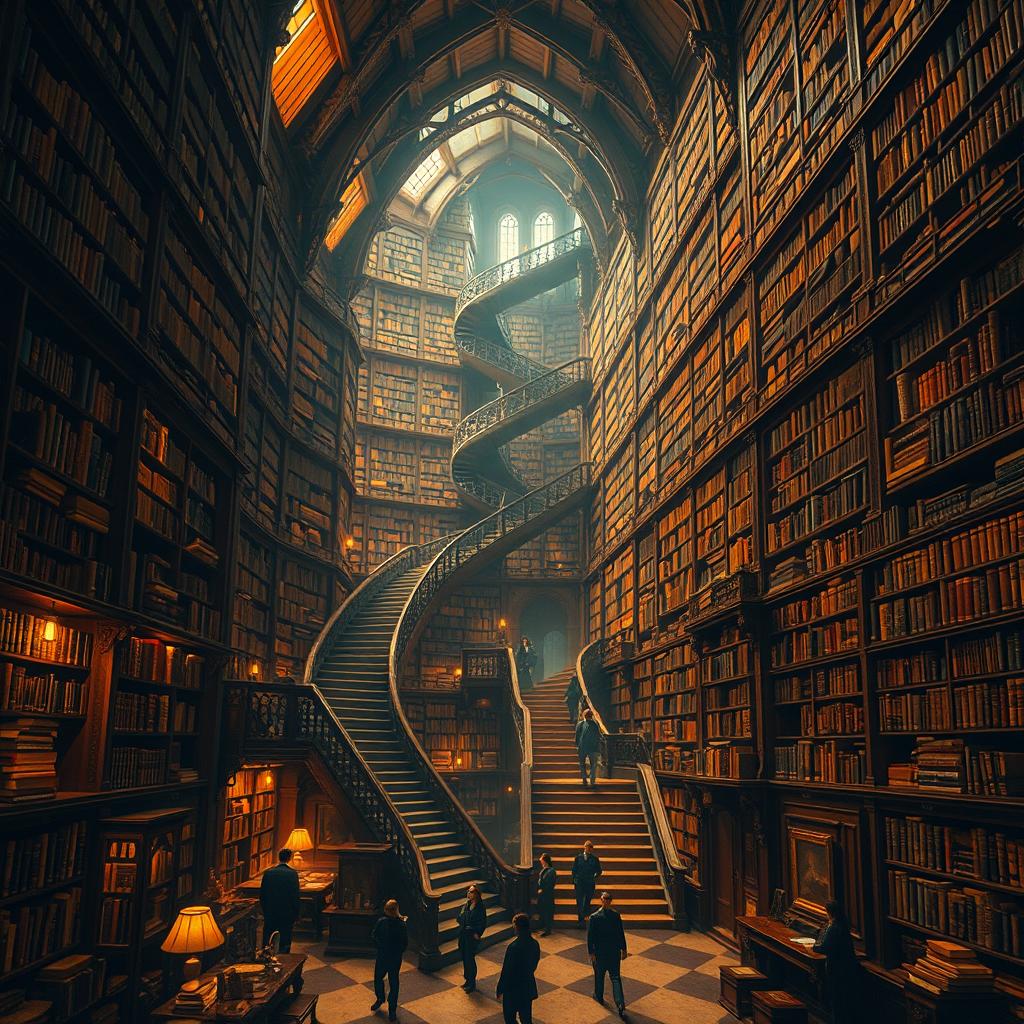 A vast and surreal depiction of a library resembling the Library of Babel, featuring an endless expanse of towering bookshelves filled with countless books, intricate stairways spiraling into infinity, and beautiful, ornate architecture