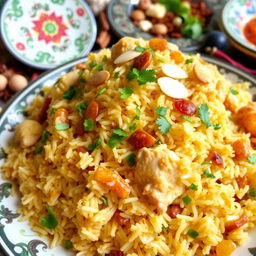 A vibrant and appetizing dish of chicken biryani, featuring perfectly cooked rice blended with tender pieces of chicken