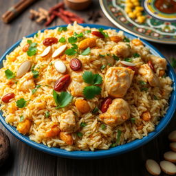 A vibrant and appetizing dish of chicken biryani, featuring perfectly cooked rice blended with tender pieces of chicken