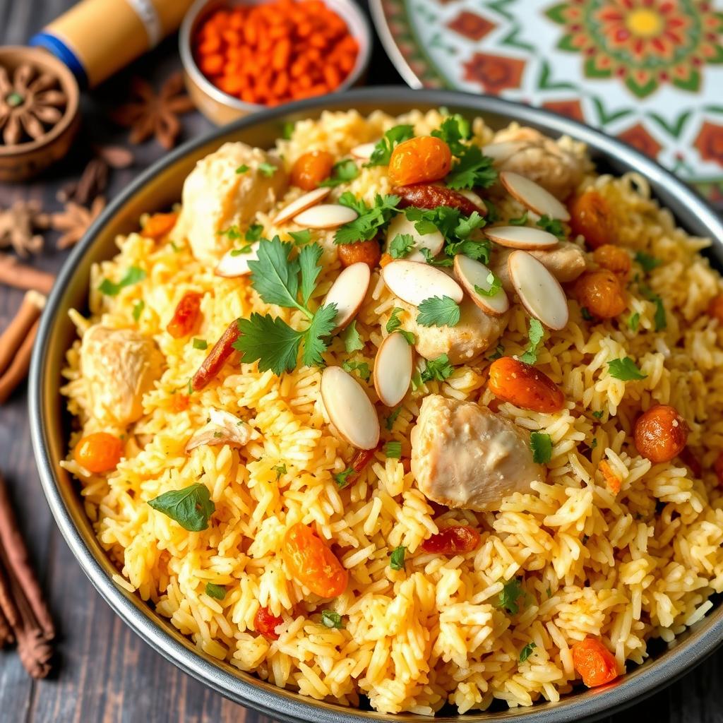 A vibrant and appetizing dish of chicken biryani, featuring perfectly cooked rice blended with tender pieces of chicken