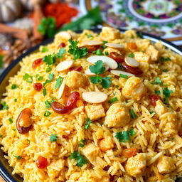 A vibrant and appetizing dish of chicken biryani, featuring perfectly cooked rice blended with tender pieces of chicken