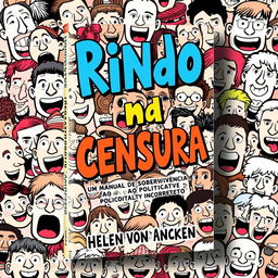 A captivating book cover design titled 'Rindo na Censura: Um Manual de Sobrevivência ao Politicamente Incorreto' by Helen Von Ancken