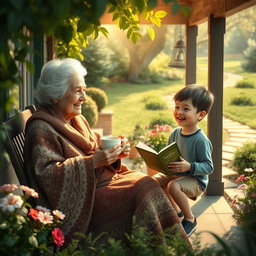 A serene and heartwarming scene depicting an elderly woman, lovingly known as Old Mother, sitting on a cozy porch surrounded by greenery