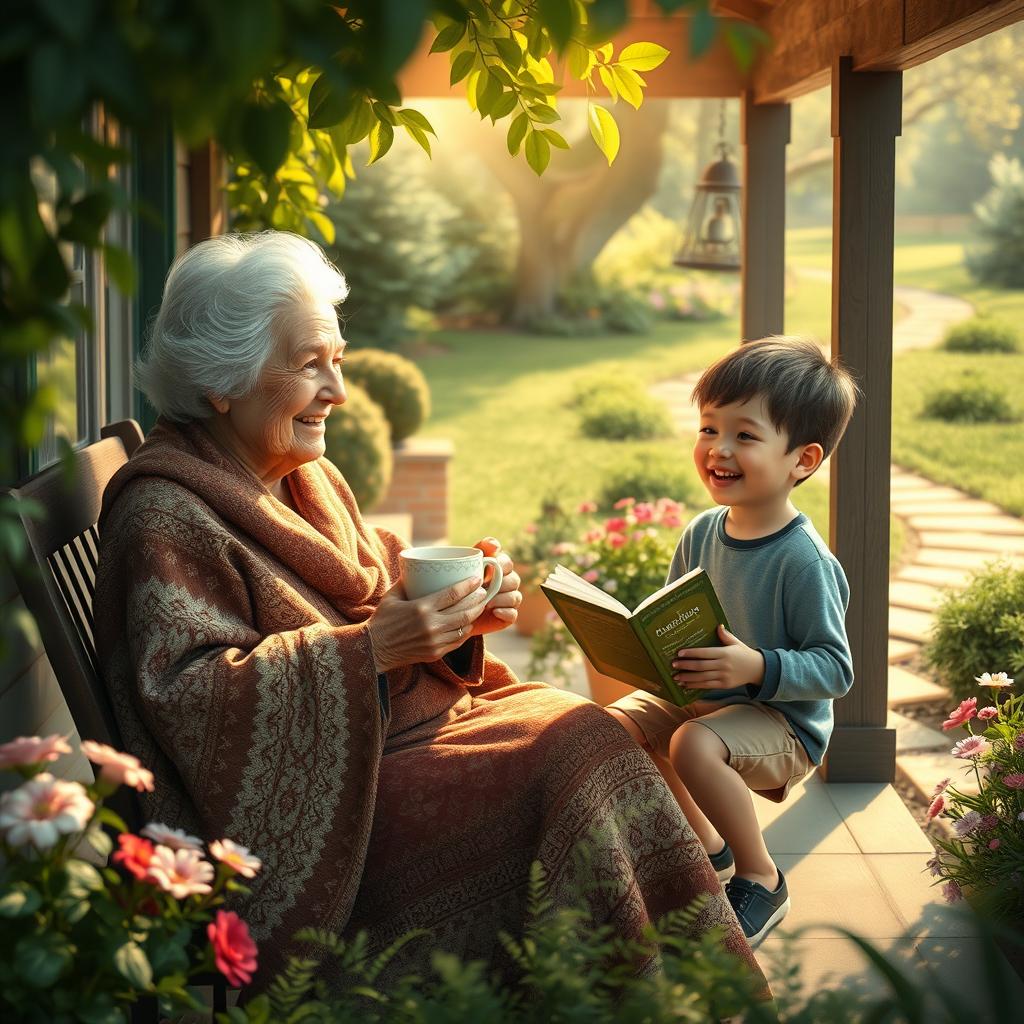 A serene and heartwarming scene depicting an elderly woman, lovingly known as Old Mother, sitting on a cozy porch surrounded by greenery