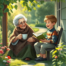 A serene and heartwarming scene depicting an elderly woman, lovingly known as Old Mother, sitting on a cozy porch surrounded by greenery
