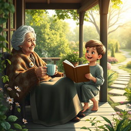 A serene and heartwarming scene depicting an elderly woman, lovingly known as Old Mother, sitting on a cozy porch surrounded by greenery