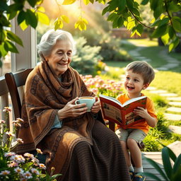 A serene and heartwarming scene depicting an elderly woman, lovingly known as Old Mother, sitting on a cozy porch surrounded by greenery
