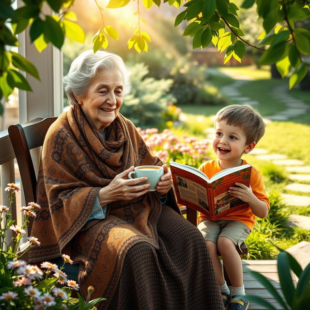 A serene and heartwarming scene depicting an elderly woman, lovingly known as Old Mother, sitting on a cozy porch surrounded by greenery