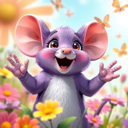 A cute purple mouse singing joyfully, with bright expressive eyes and tiny hands raised as if in a performance