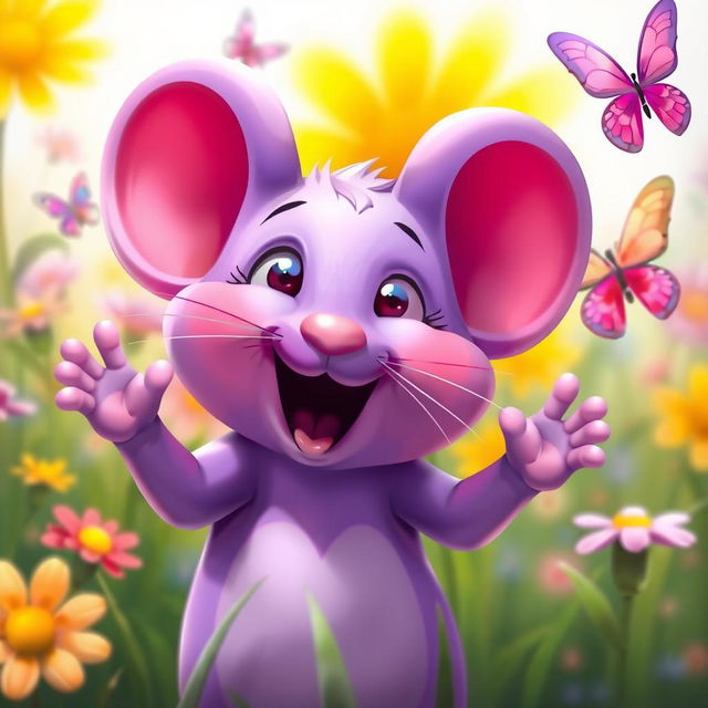 A cute purple mouse singing joyfully, with bright expressive eyes and tiny hands raised as if in a performance