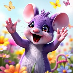 A cute purple mouse singing joyfully, with bright expressive eyes and tiny hands raised as if in a performance