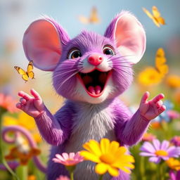 A cute purple mouse singing joyfully, with bright expressive eyes and tiny hands raised as if in a performance