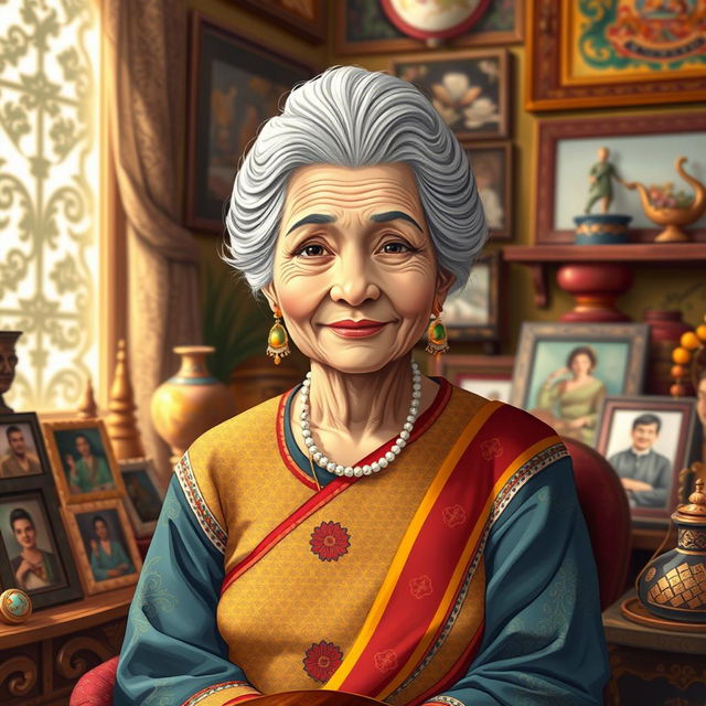 A vibrant illustration of a wise looking older woman with gray hair styled elegantly, dressed in traditional yet colorful clothing