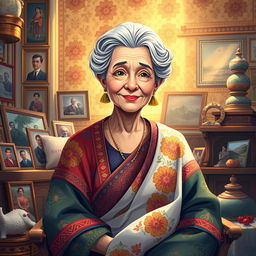A vibrant illustration of a wise looking older woman with gray hair styled elegantly, dressed in traditional yet colorful clothing