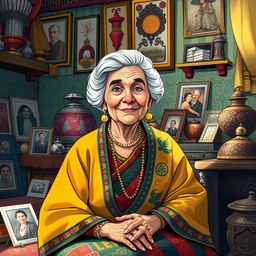 A vibrant illustration of a wise looking older woman with gray hair styled elegantly, dressed in traditional yet colorful clothing