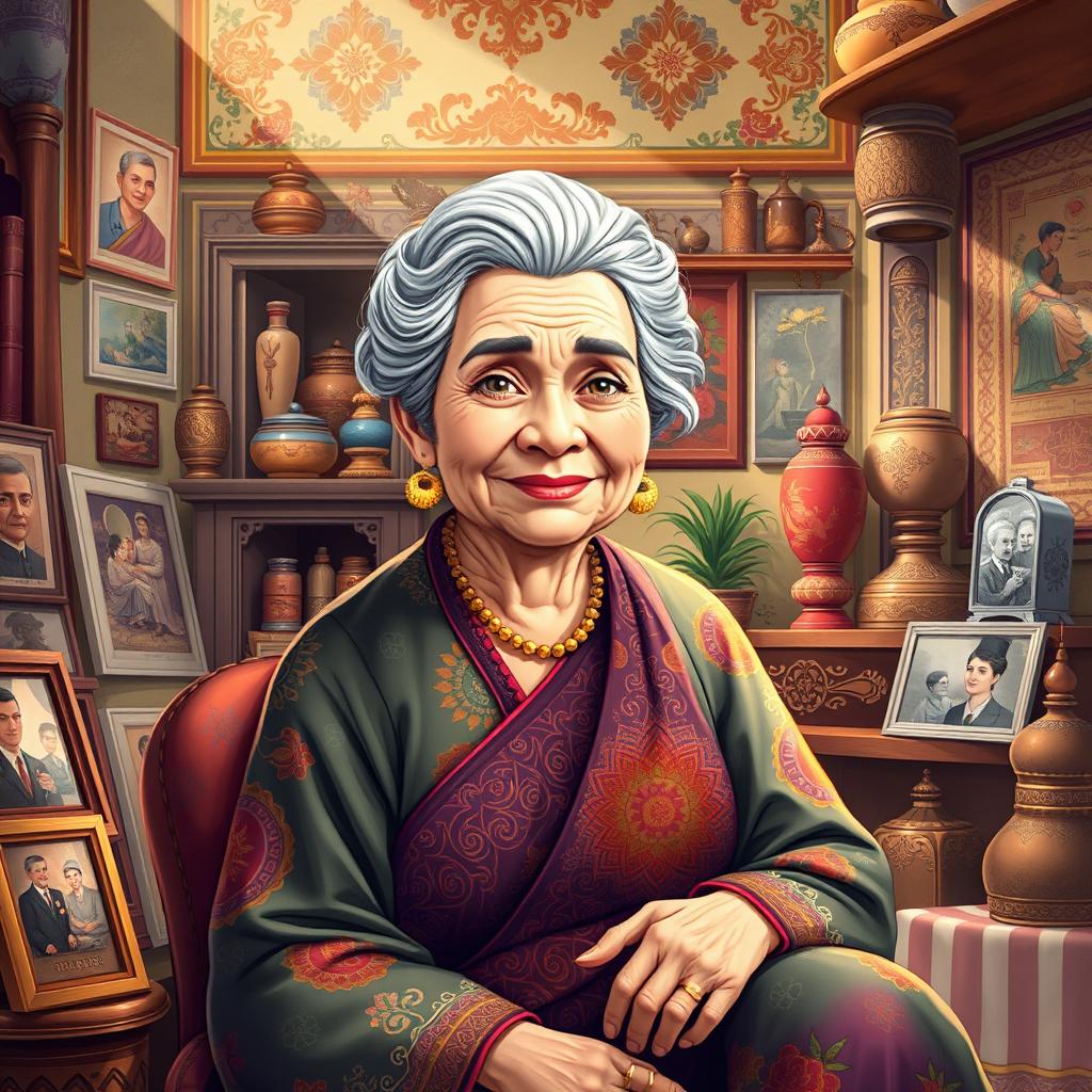 A vibrant illustration of a wise looking older woman with gray hair styled elegantly, dressed in traditional yet colorful clothing
