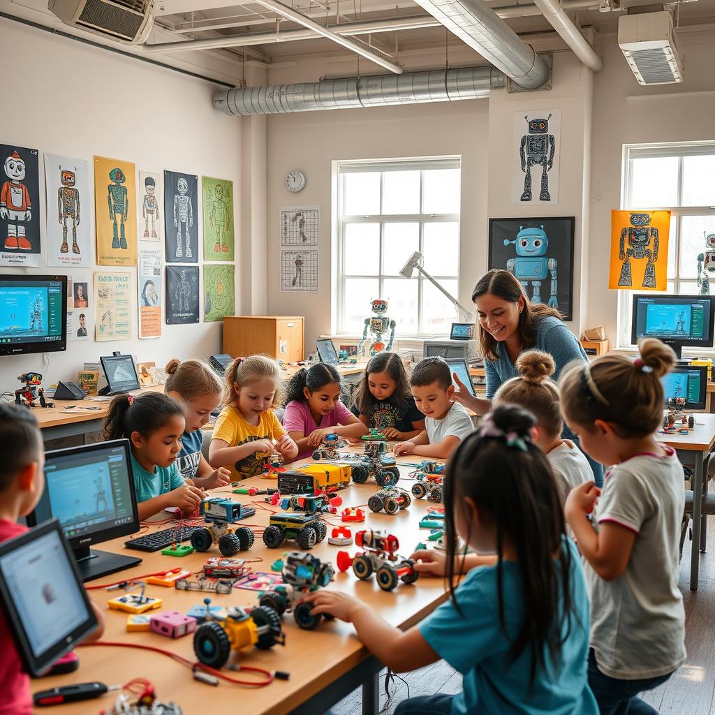 A vibrant and engaging robotics workshop for children, showcasing diverse kids actively participating in building and programming robots