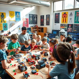 A vibrant and engaging robotics workshop for children, showcasing diverse kids actively participating in building and programming robots