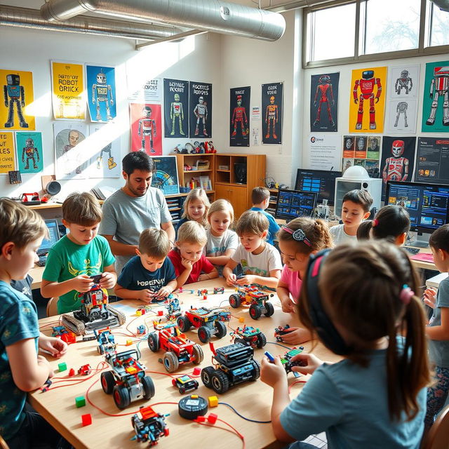 A vibrant and engaging robotics workshop for children, showcasing diverse kids actively participating in building and programming robots