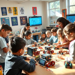 A vibrant and engaging robotics workshop for children, showcasing diverse kids actively participating in building and programming robots