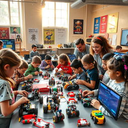 A vibrant and engaging robotics workshop for children, showcasing diverse kids actively participating in building and programming robots