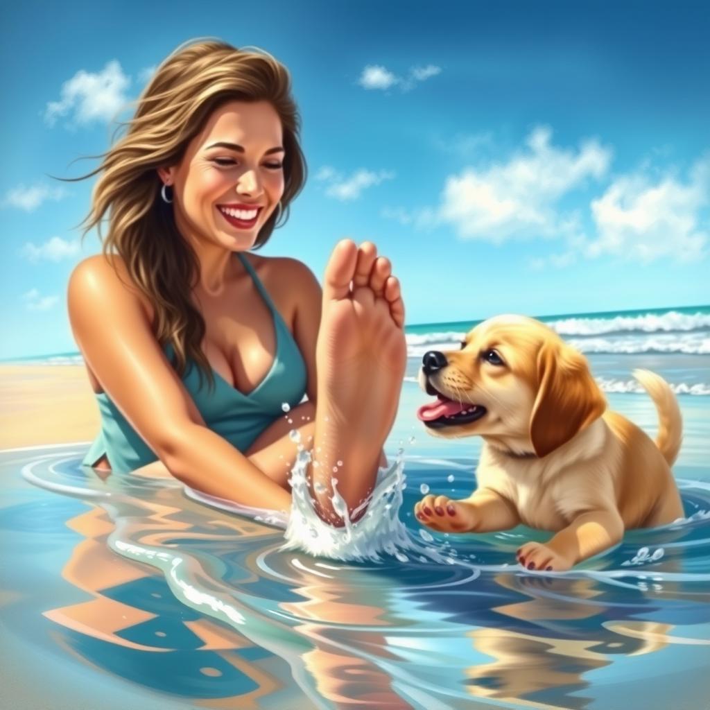 A detailed and artistic depiction of a woman relaxing on a sunny beach, her foot playfully splashing in the shallow water