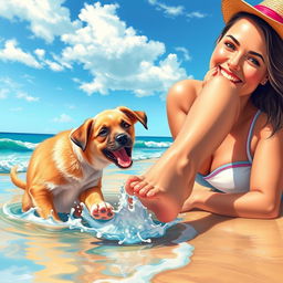 A detailed and artistic depiction of a woman relaxing on a sunny beach, her foot playfully splashing in the shallow water