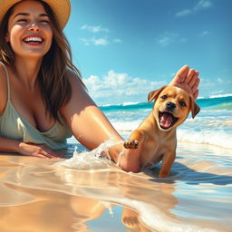 A detailed and artistic depiction of a woman relaxing on a sunny beach, her foot playfully splashing in the shallow water