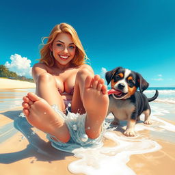 A detailed and artistic depiction of a woman relaxing on a sunny beach, her foot playfully splashing in the shallow water